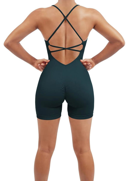 Enterizo PowerFlex Backless – Corte Biker con Fruncido